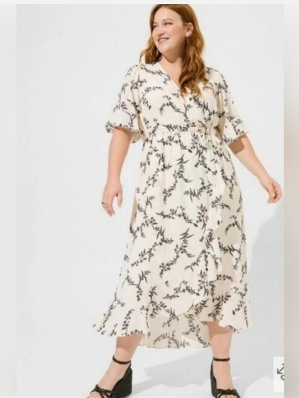 Torrid Maxi Georgette Ruffle Hi-Low Cream & Black Floral Dress Plus